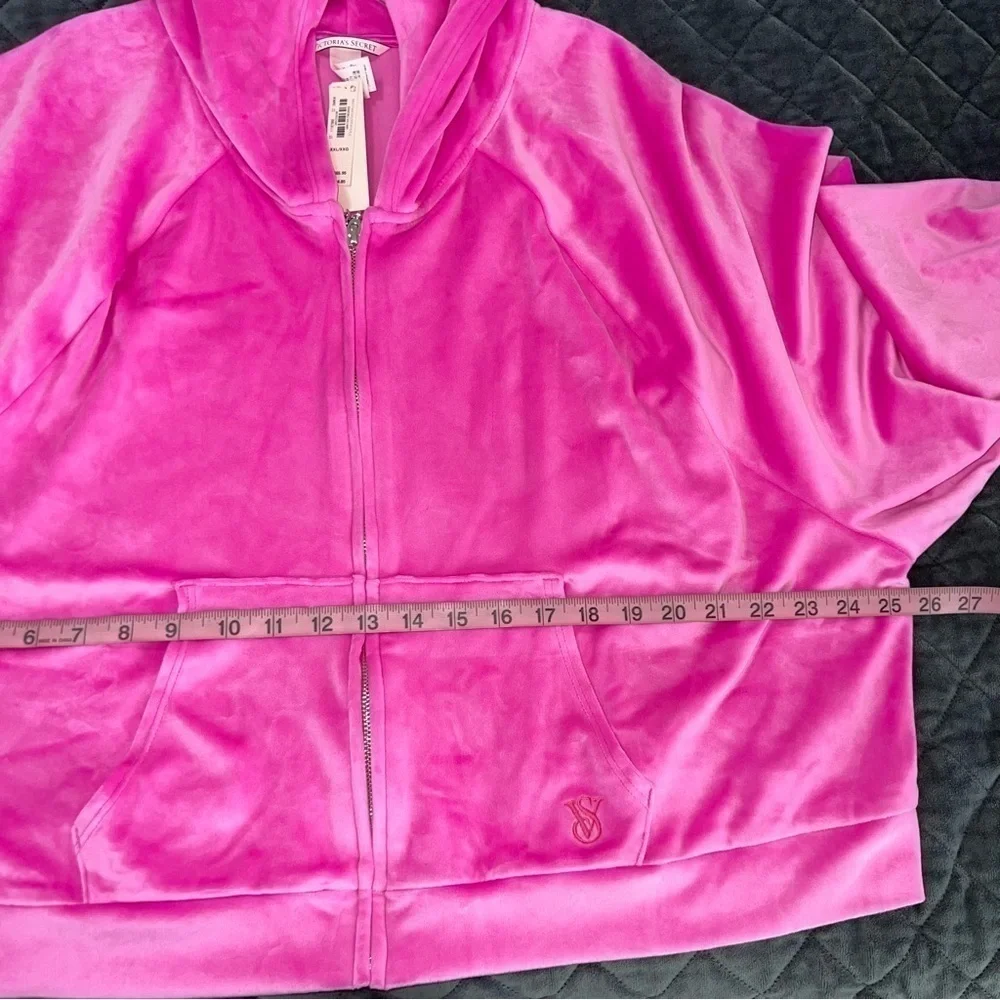 Victoria Secret Sweater Women XXL Velvet Zip Up Pink Hooded Barbiecore B22